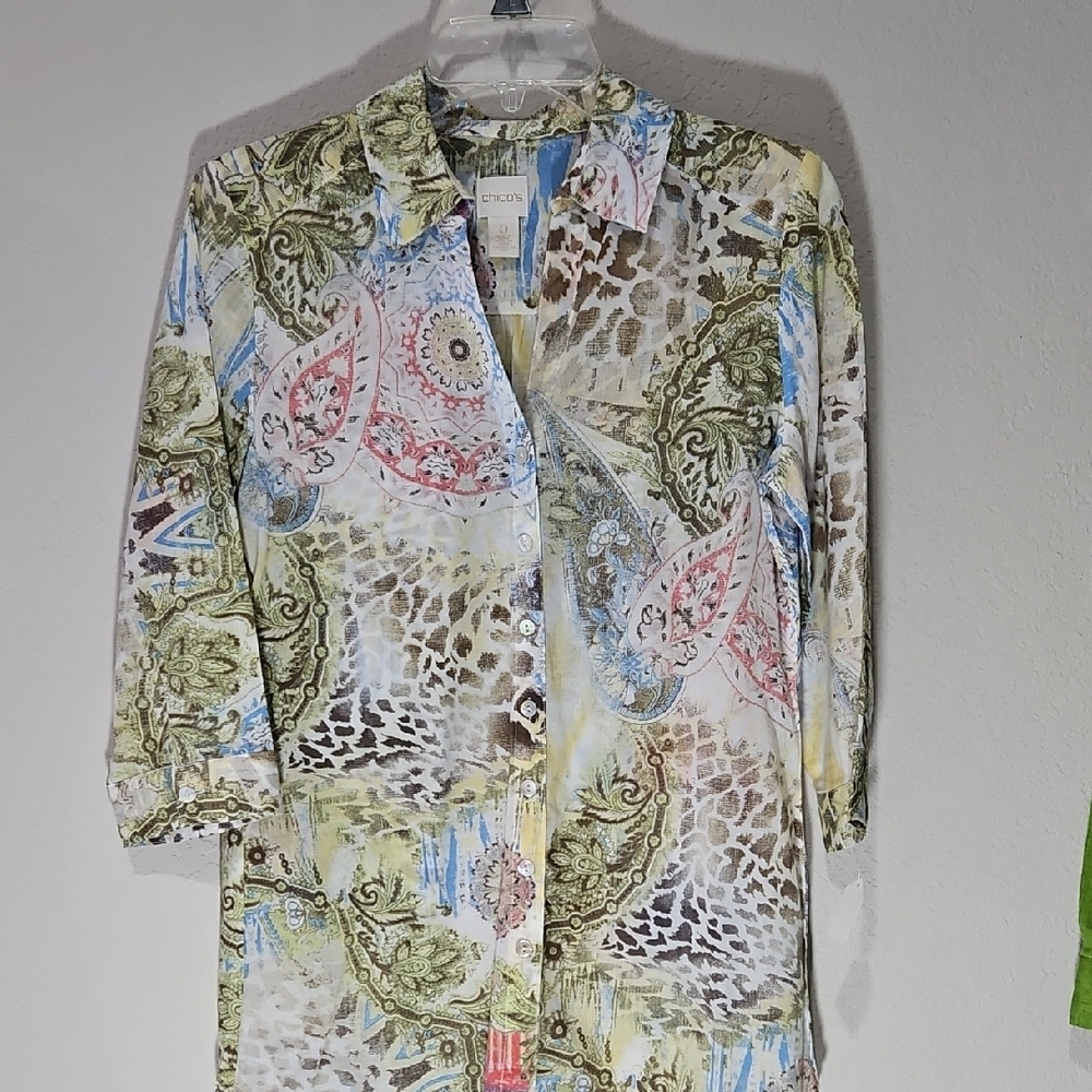EUC Chico's Multicolor Paisley & Abstract Print Blouse — Blue, Green, Brown